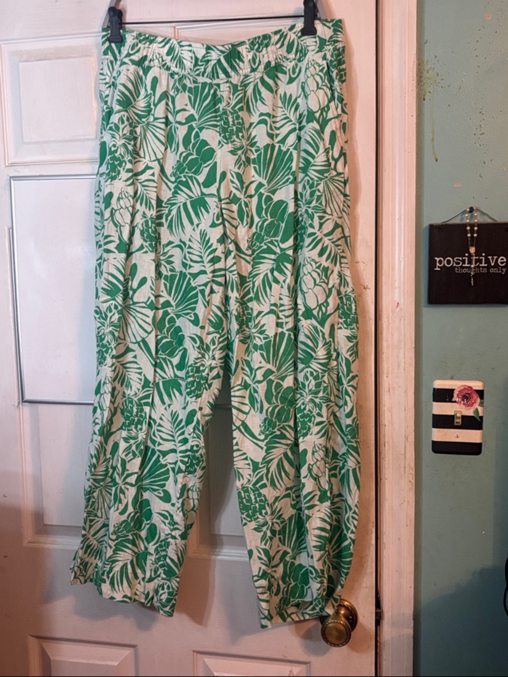 Women's Wide Leg Tropical Print Pants - Green Size Large